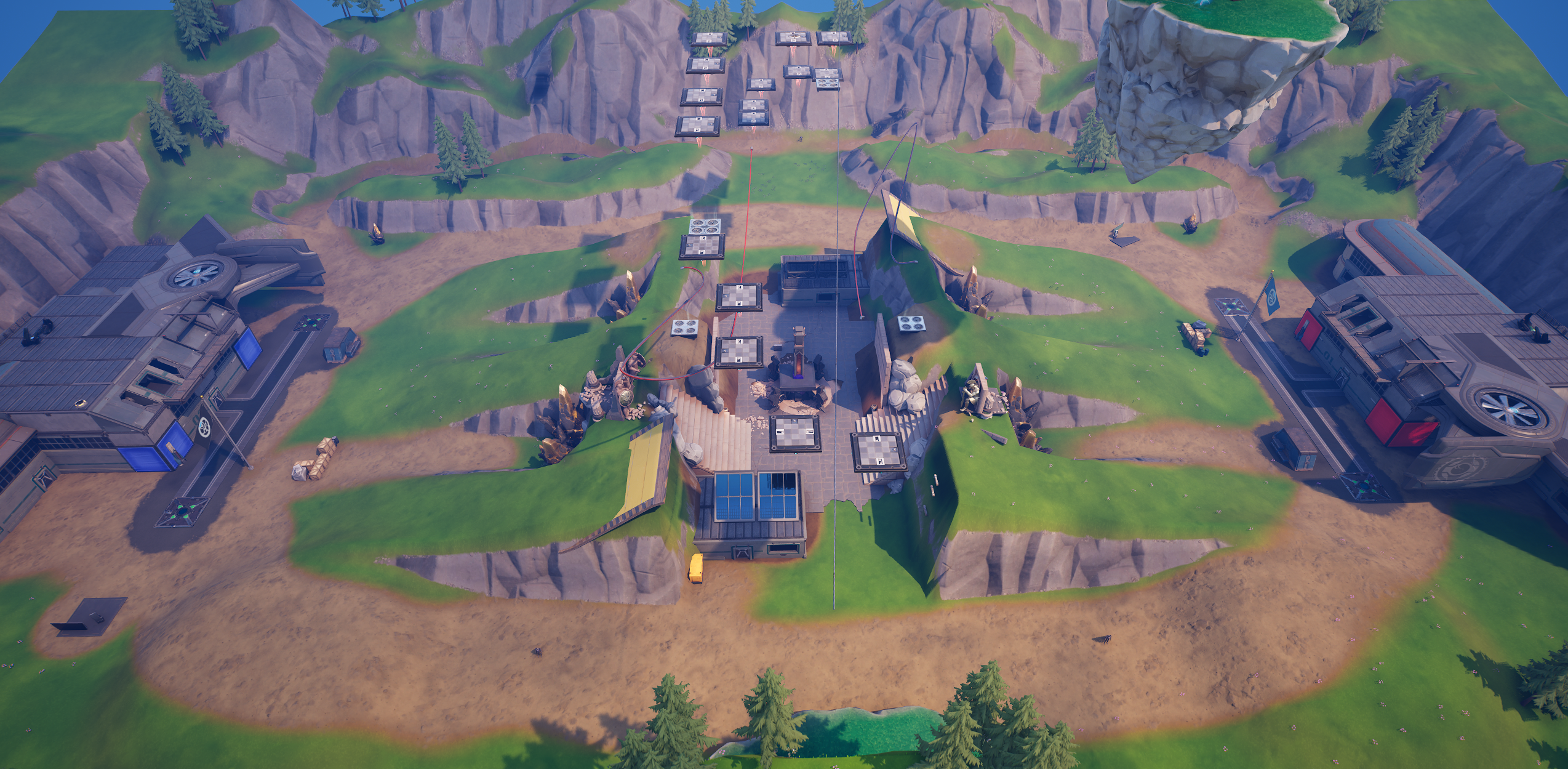 Core Strike symmetrical map with two team bases and the central PvE area